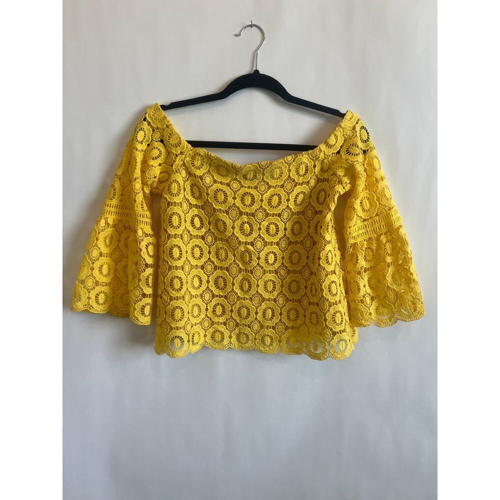 LULUS GOOD DAY YELLOW CROCHET OFF THE SHOULDER CROP BLOUSE TOP BELL SLEEVES SML